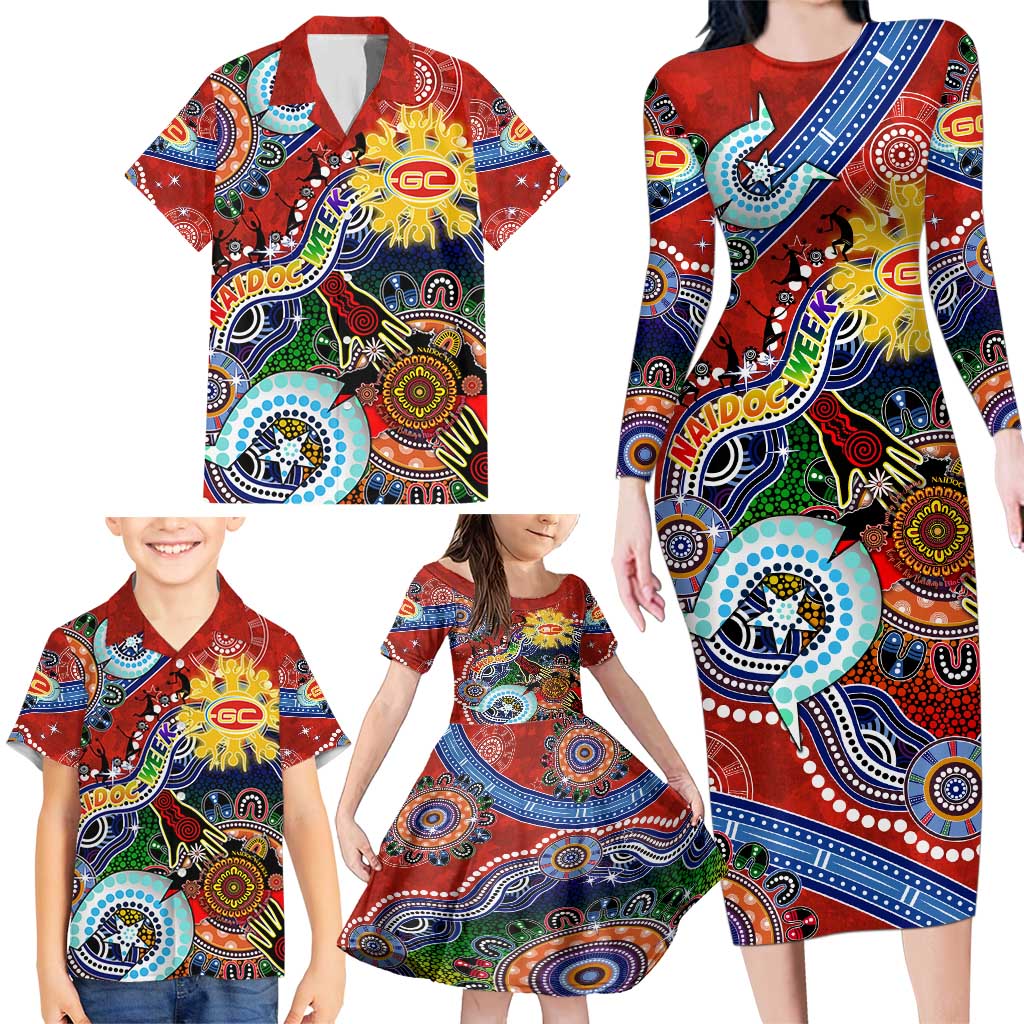 Custom NAIDOC Week 2024 Gold Coast Suns Family Matching Long Sleeve Bodycon Dress and Hawaiian Shirt Australia Aboriginal Dot Painting