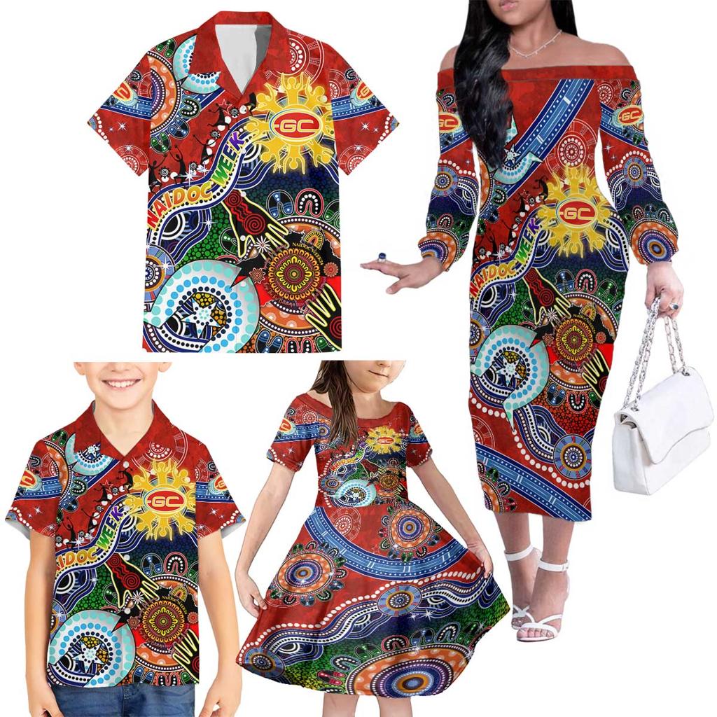 Custom NAIDOC Week 2024 Gold Coast Suns Family Matching Off The Shoulder Long Sleeve Dress and Hawaiian Shirt Australia Aboriginal Dot Painting