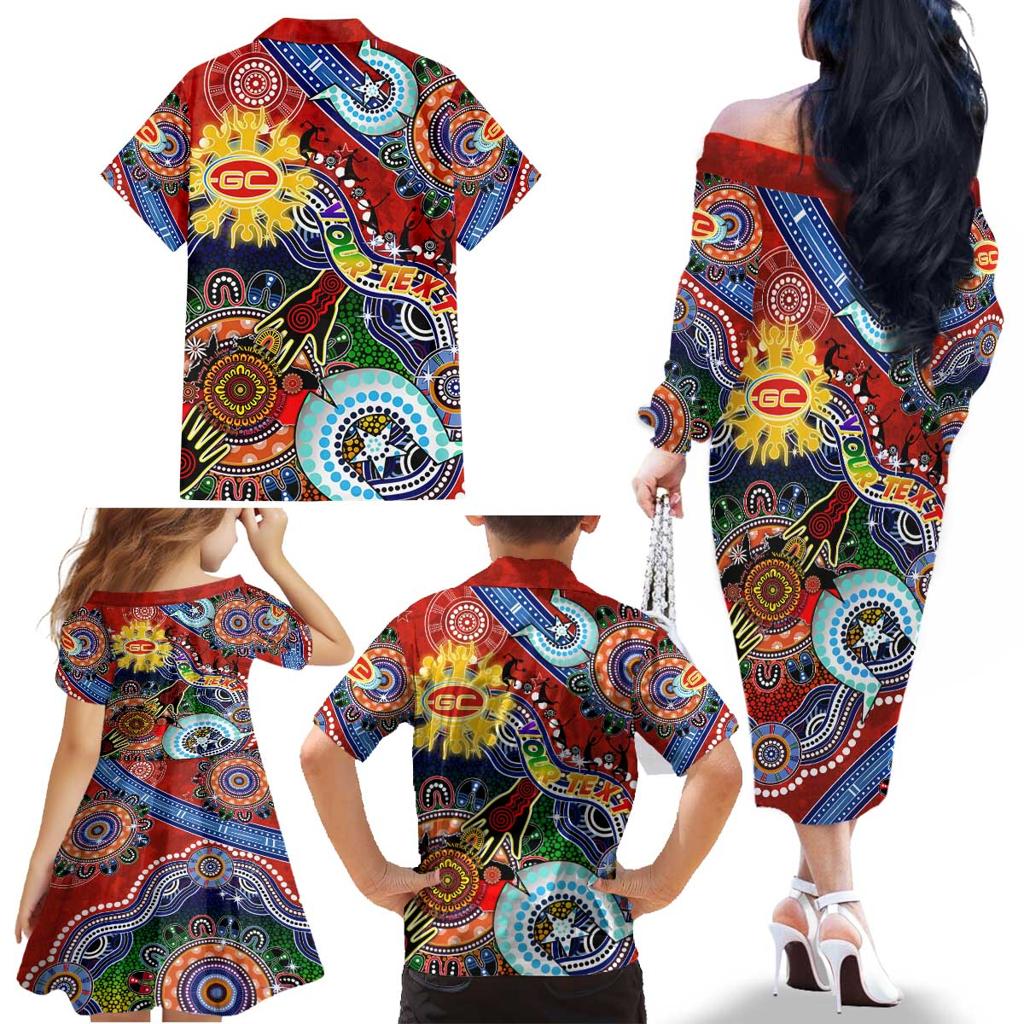 Custom NAIDOC Week 2024 Gold Coast Suns Family Matching Off The Shoulder Long Sleeve Dress and Hawaiian Shirt Australia Aboriginal Dot Painting