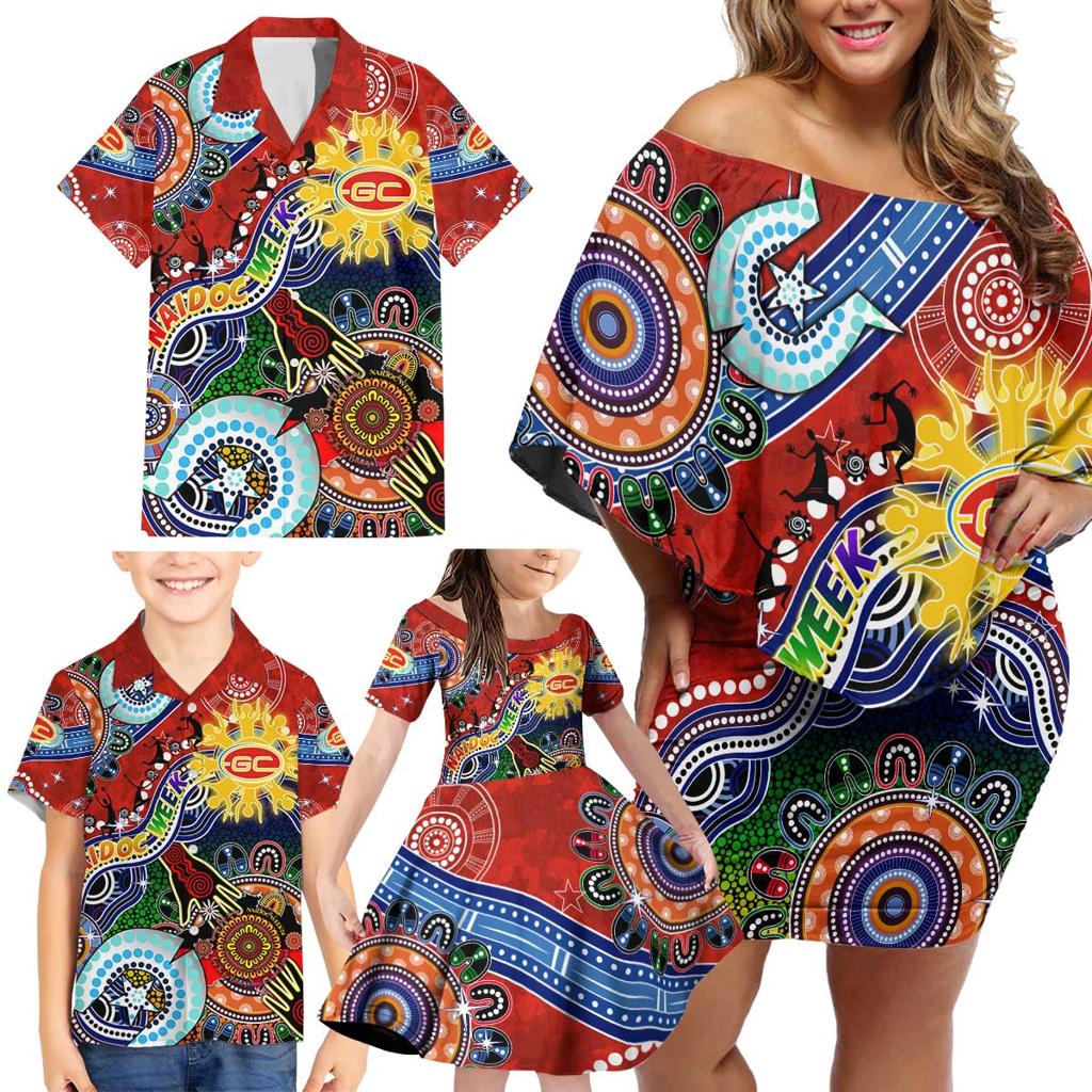 Custom NAIDOC Week 2024 Gold Coast Suns Family Matching Off Shoulder Short Dress and Hawaiian Shirt Australia Aboriginal Dot Painting