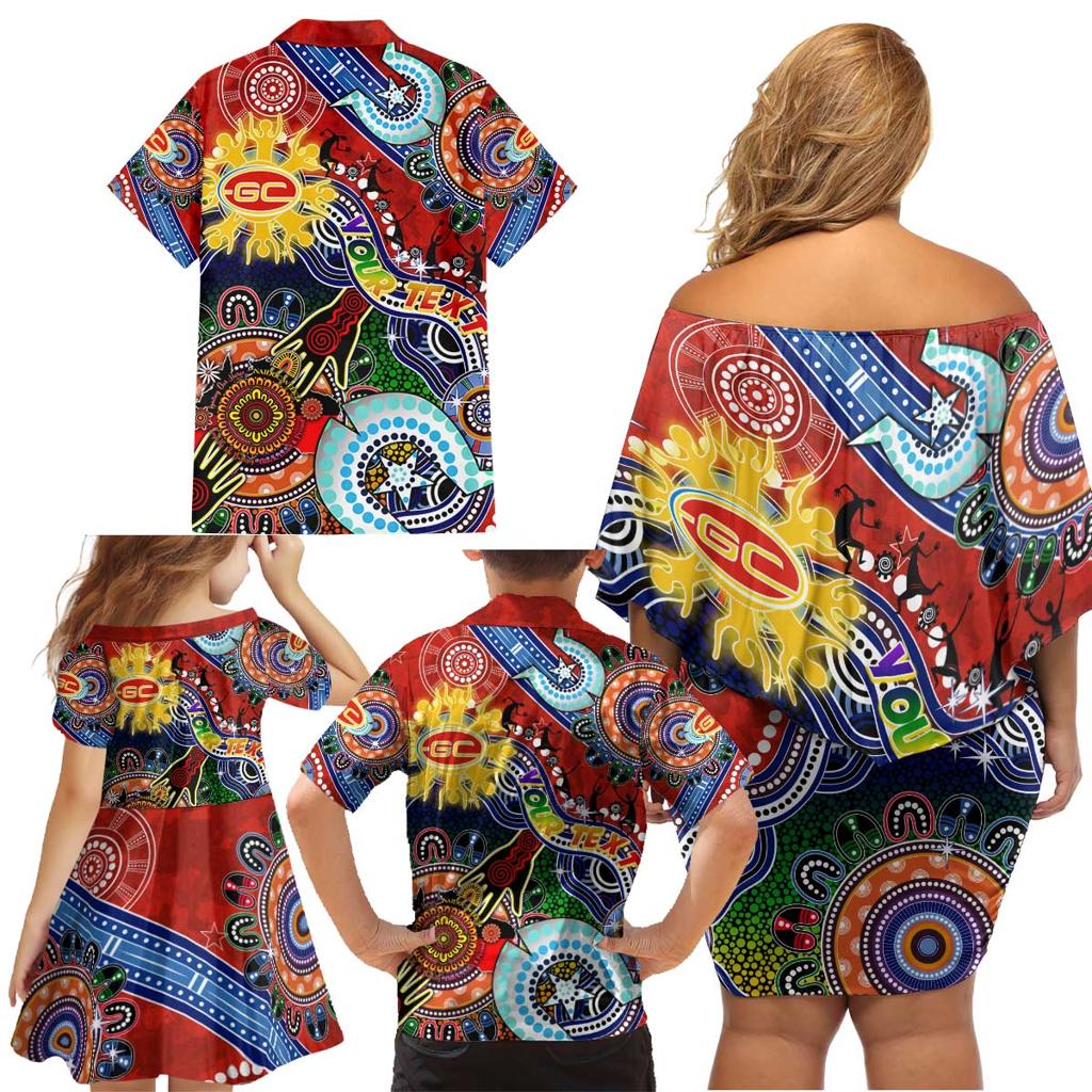 Custom NAIDOC Week 2024 Gold Coast Suns Family Matching Off Shoulder Short Dress and Hawaiian Shirt Australia Aboriginal Dot Painting