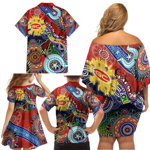 Custom NAIDOC Week 2024 Gold Coast Suns Family Matching Off Shoulder Short Dress and Hawaiian Shirt Australia Aboriginal Dot Painting