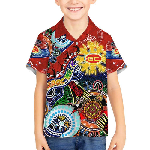 Custom NAIDOC Week 2024 Gold Coast Suns Family Matching Off Shoulder Short Dress and Hawaiian Shirt Australia Aboriginal Dot Painting