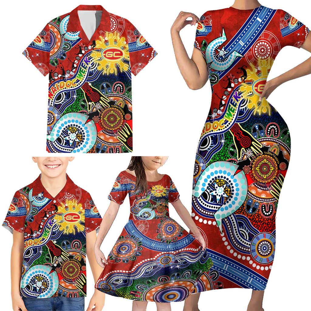 Custom NAIDOC Week 2024 Gold Coast Suns Family Matching Short Sleeve Bodycon Dress and Hawaiian Shirt Australia Aboriginal Dot Painting