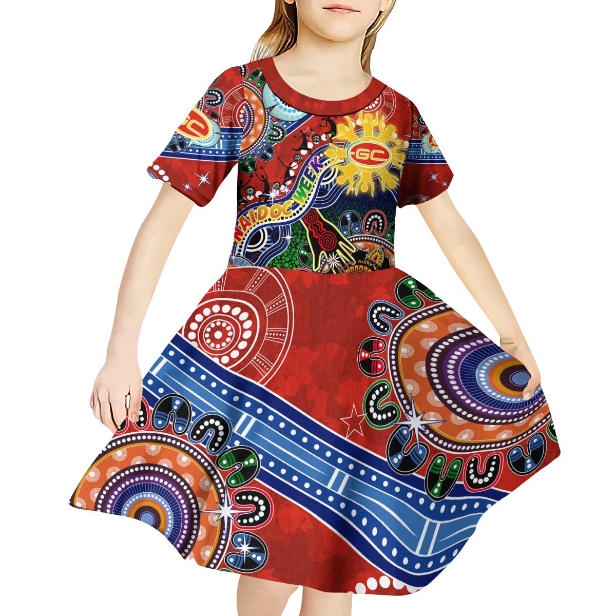 Custom NAIDOC Week 2024 Gold Coast Suns Kid Short Sleeve Dress Australia Aboriginal Dot Painting