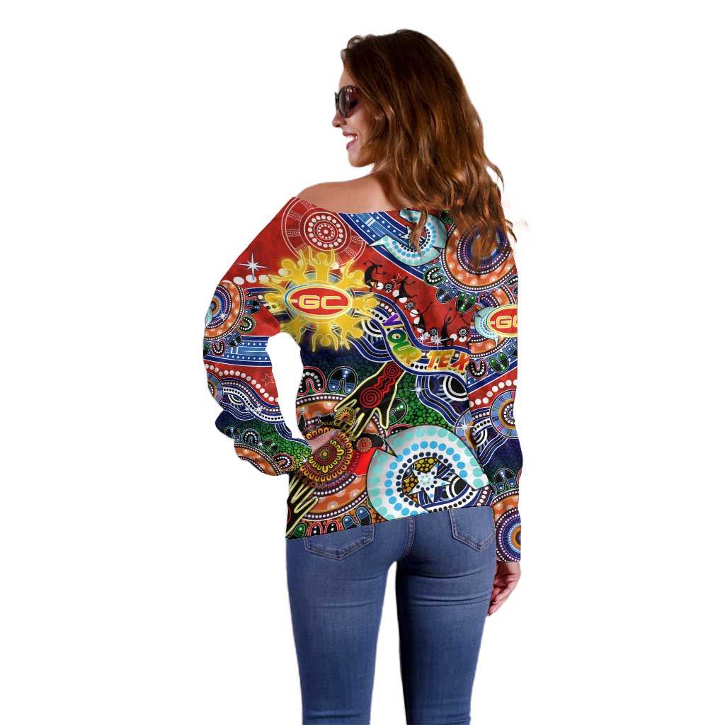 Custom NAIDOC Week 2024 Gold Coast Suns Off Shoulder Sweater Australia Aboriginal Dot Painting