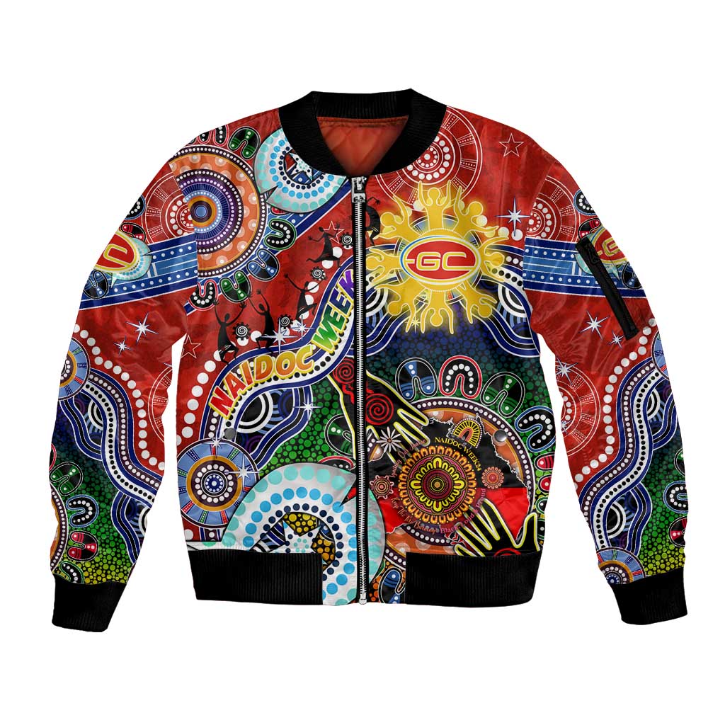 Custom NAIDOC Week 2024 Gold Coast Suns Sleeve Zip Bomber Jacket Australia Aboriginal Dot Painting