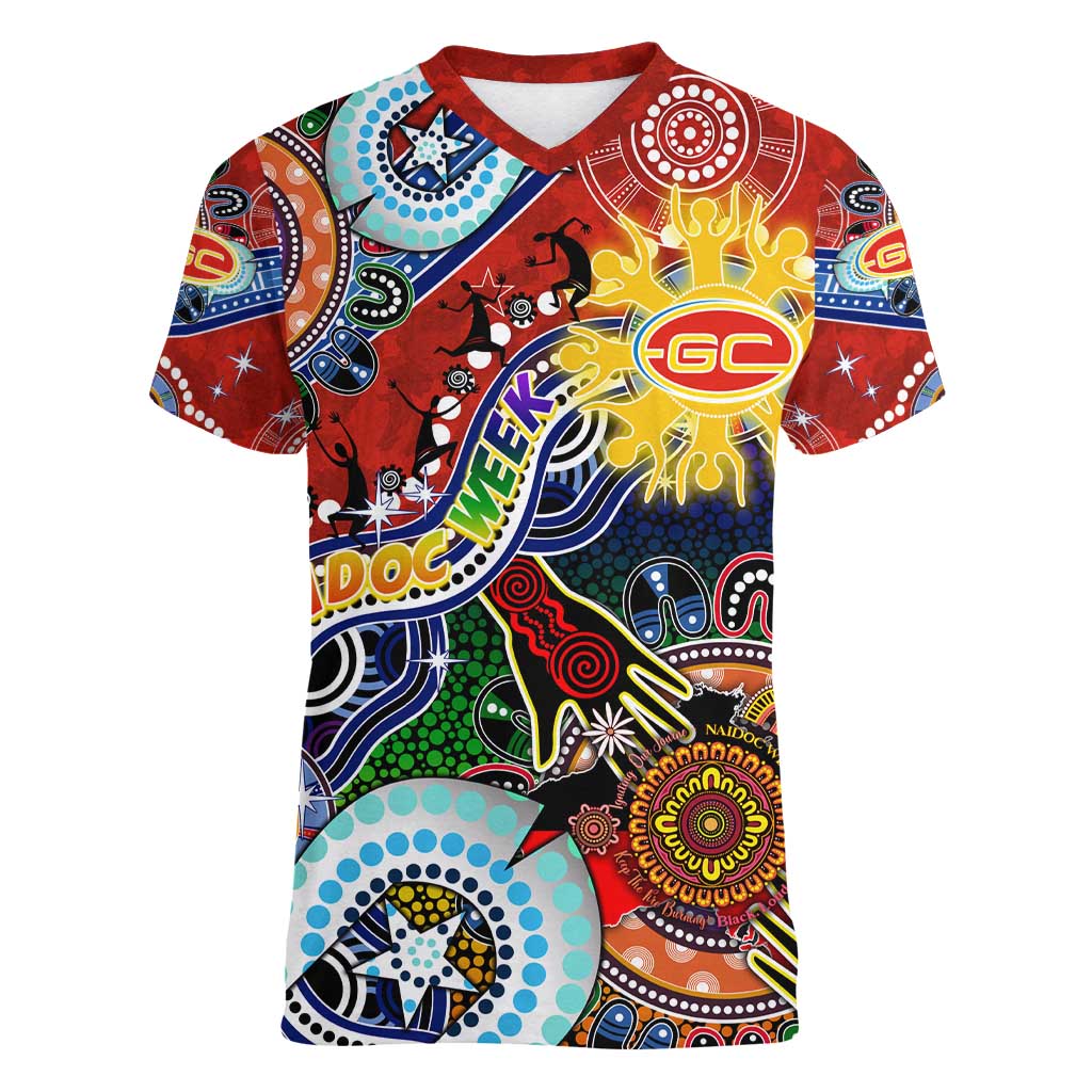 Custom NAIDOC Week 2024 Gold Coast Suns Women V-Neck T-Shirt Australia Aboriginal Dot Painting