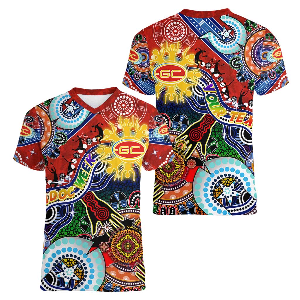 Custom NAIDOC Week 2024 Gold Coast Suns Women V-Neck T-Shirt Australia Aboriginal Dot Painting