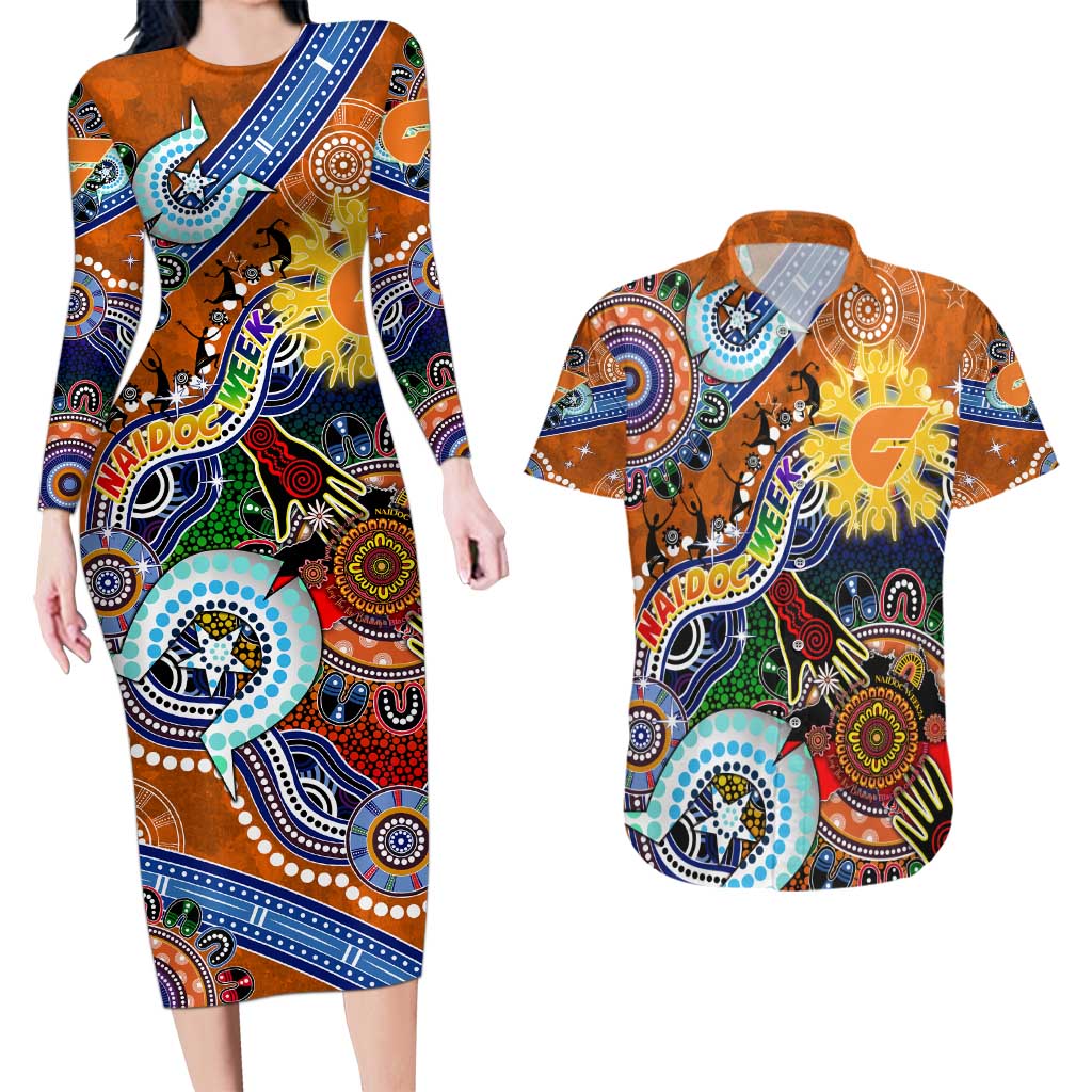 Custom NAIDOC Week 2024 GWS Giants Couples Matching Long Sleeve Bodycon Dress and Hawaiian Shirt Australia Aboriginal Dot Painting