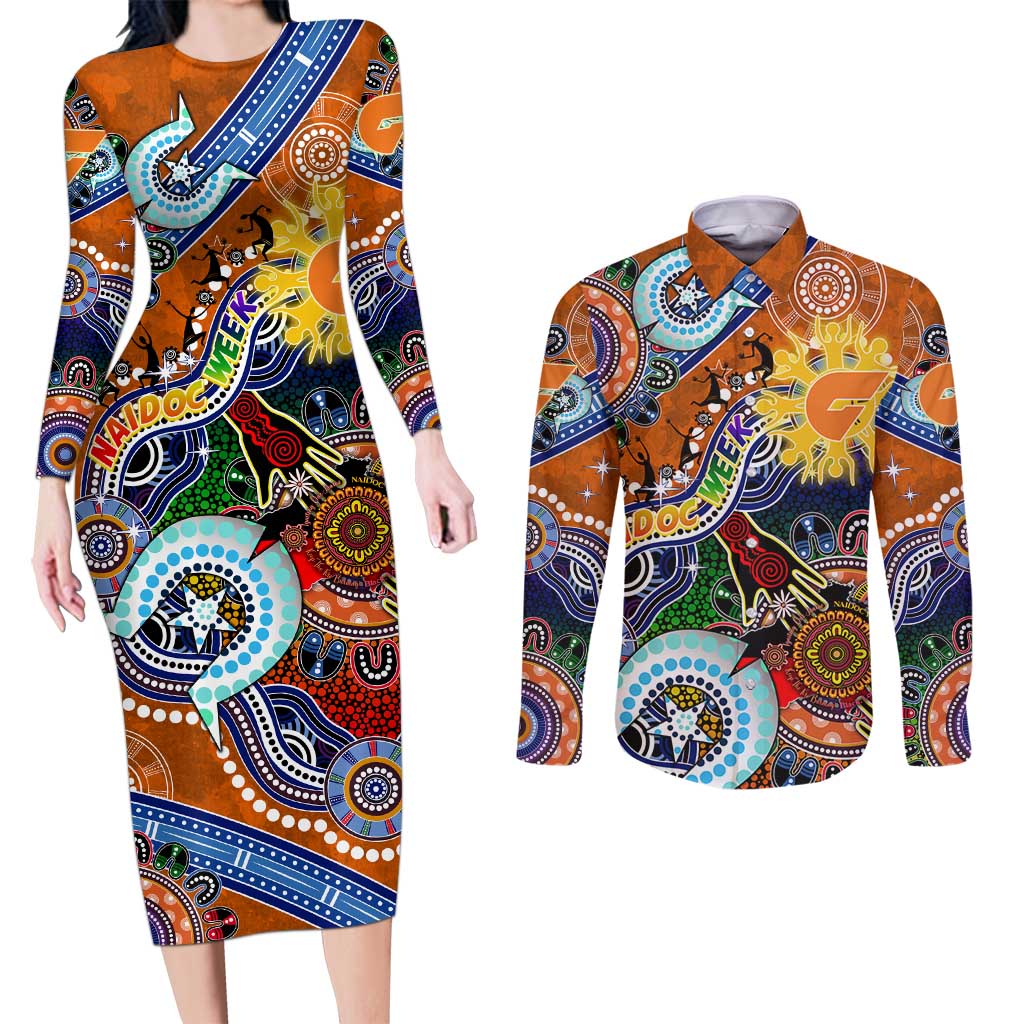 Custom NAIDOC Week 2024 GWS Giants Couples Matching Long Sleeve Bodycon Dress and Long Sleeve Button Shirt Australia Aboriginal Dot Painting