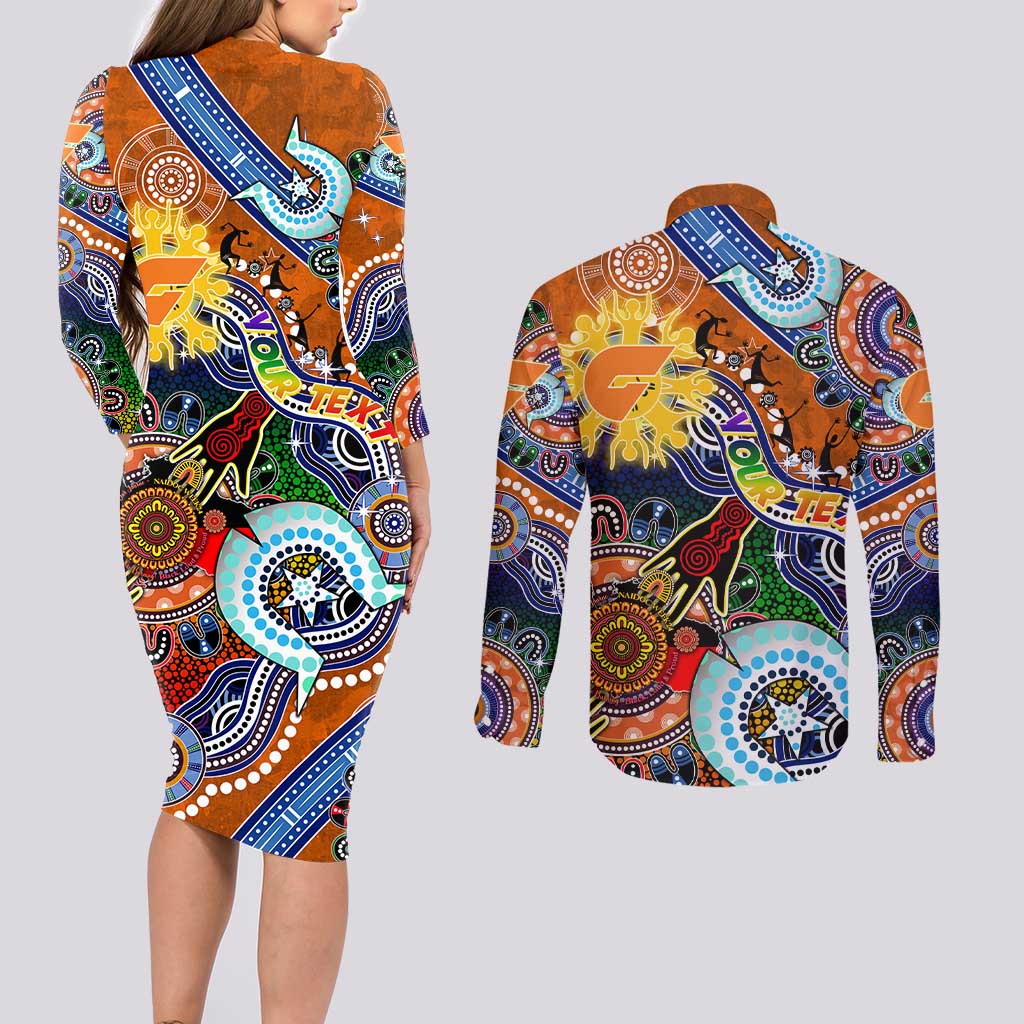 Custom NAIDOC Week 2024 GWS Giants Couples Matching Long Sleeve Bodycon Dress and Long Sleeve Button Shirt Australia Aboriginal Dot Painting