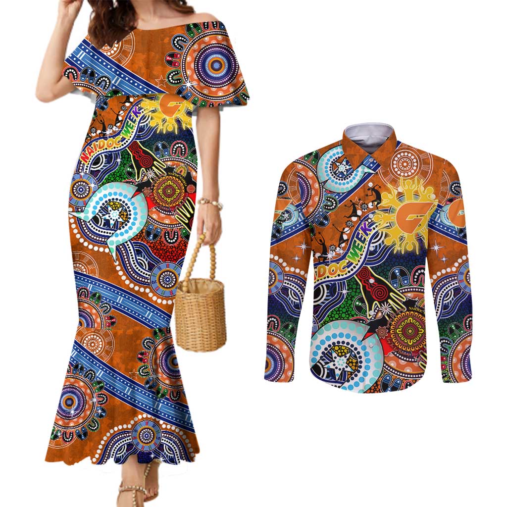 Custom NAIDOC Week 2024 GWS Giants Couples Matching Mermaid Dress and Long Sleeve Button Shirt Australia Aboriginal Dot Painting