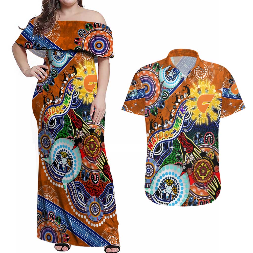 Custom NAIDOC Week 2024 GWS Giants Couples Matching Off Shoulder Maxi Dress and Hawaiian Shirt Australia Aboriginal Dot Painting