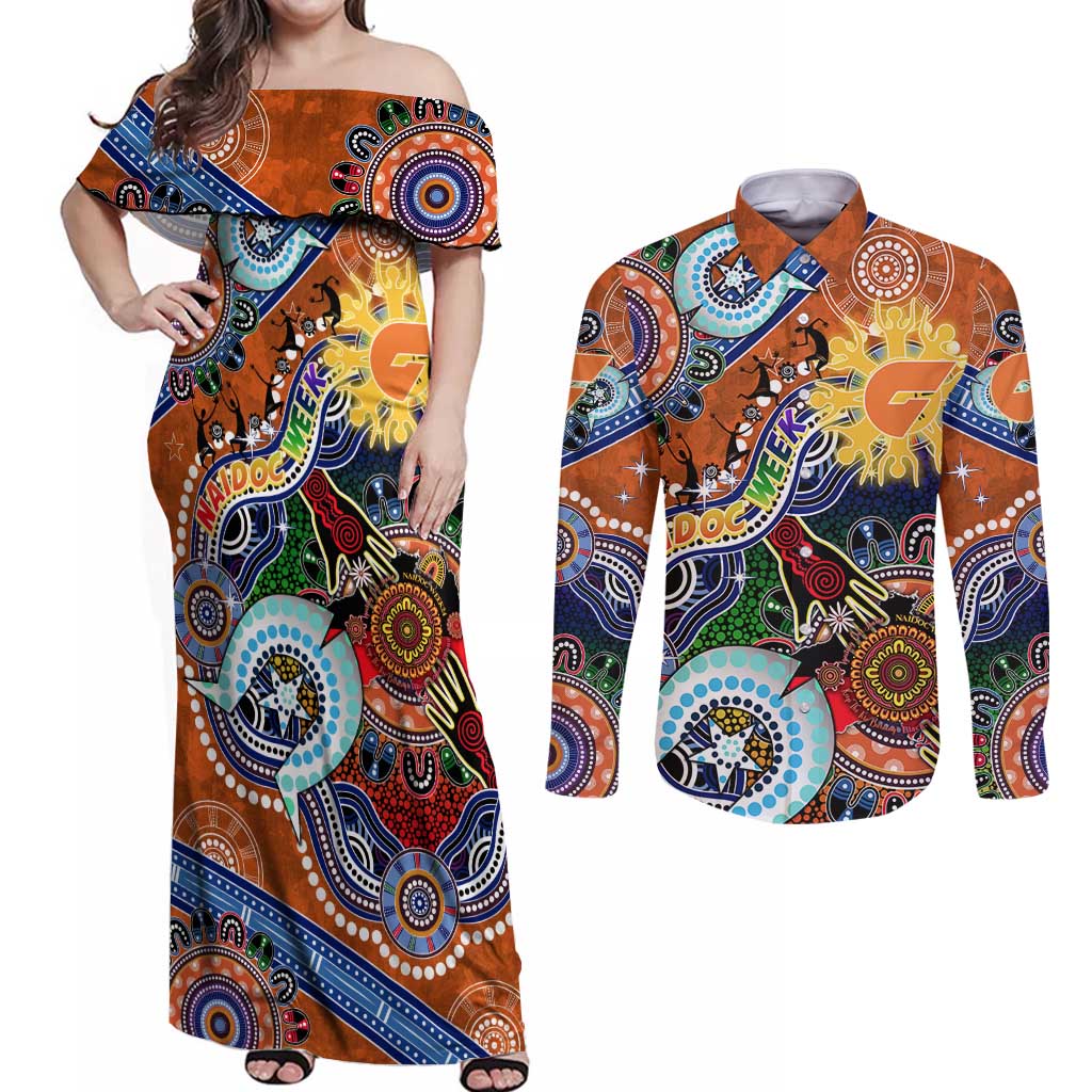 Custom NAIDOC Week 2024 GWS Giants Couples Matching Off Shoulder Maxi Dress and Long Sleeve Button Shirt Australia Aboriginal Dot Painting