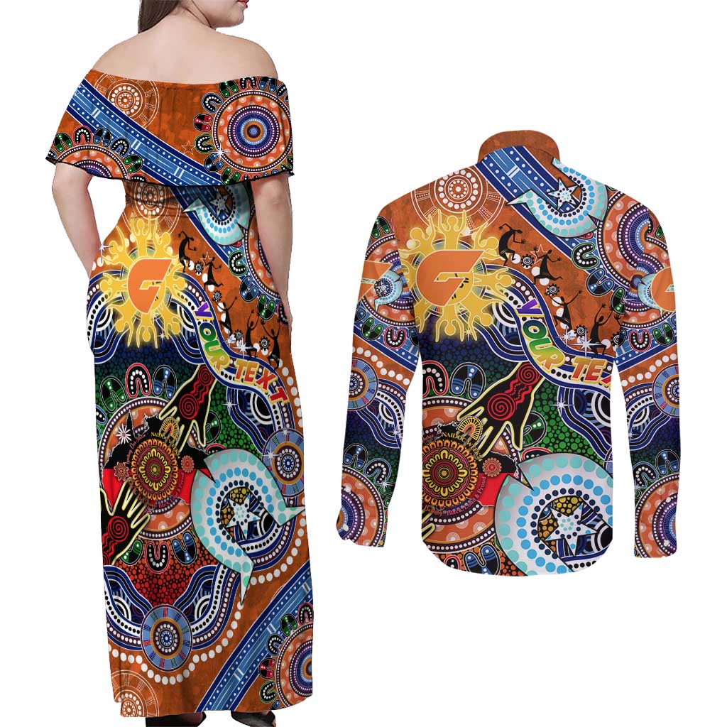 Custom NAIDOC Week 2024 GWS Giants Couples Matching Off Shoulder Maxi Dress and Long Sleeve Button Shirt Australia Aboriginal Dot Painting