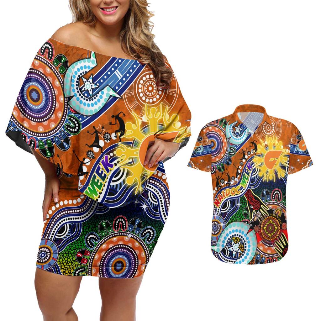 Custom NAIDOC Week 2024 GWS Giants Couples Matching Off Shoulder Short Dress and Hawaiian Shirt Australia Aboriginal Dot Painting
