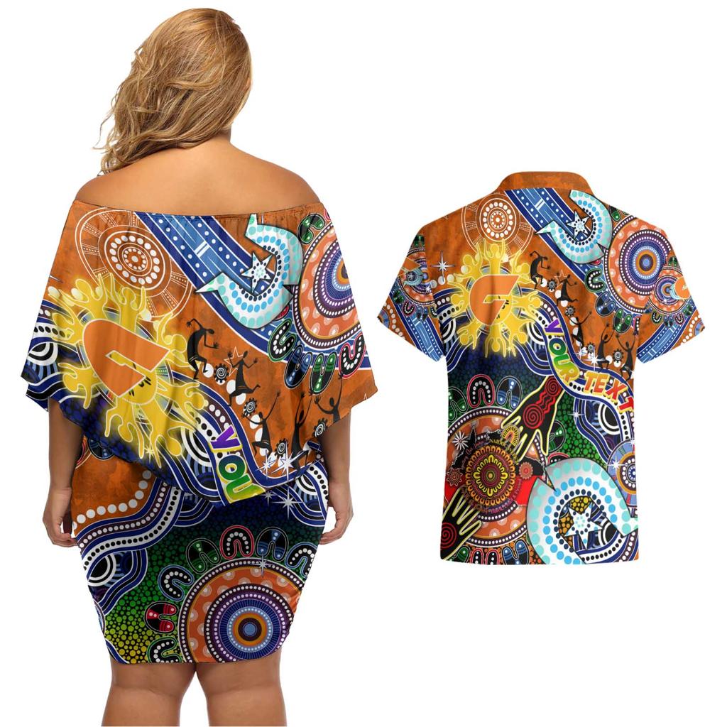 Custom NAIDOC Week 2024 GWS Giants Couples Matching Off Shoulder Short Dress and Hawaiian Shirt Australia Aboriginal Dot Painting