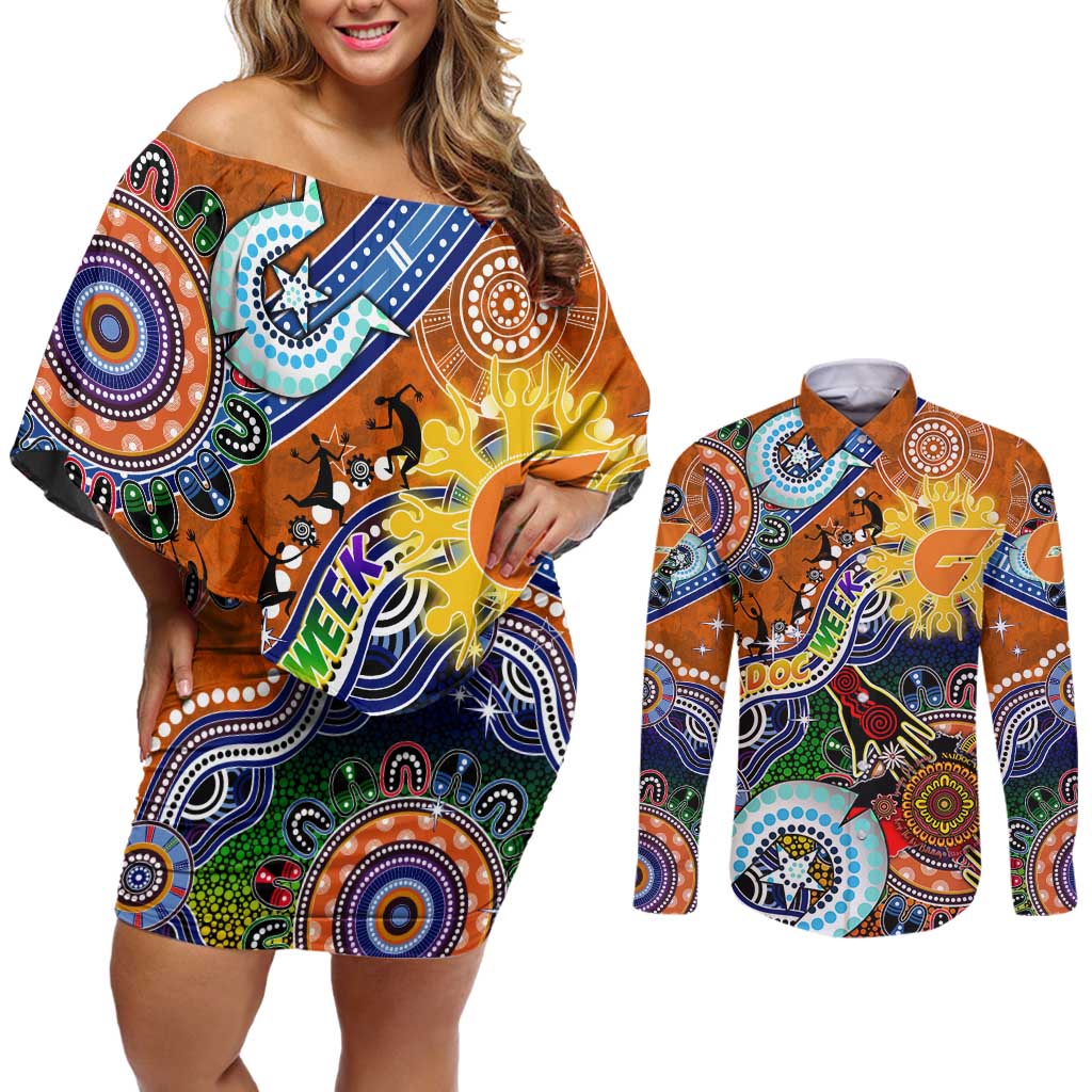 Custom NAIDOC Week 2024 GWS Giants Couples Matching Off Shoulder Short Dress and Long Sleeve Button Shirt Australia Aboriginal Dot Painting