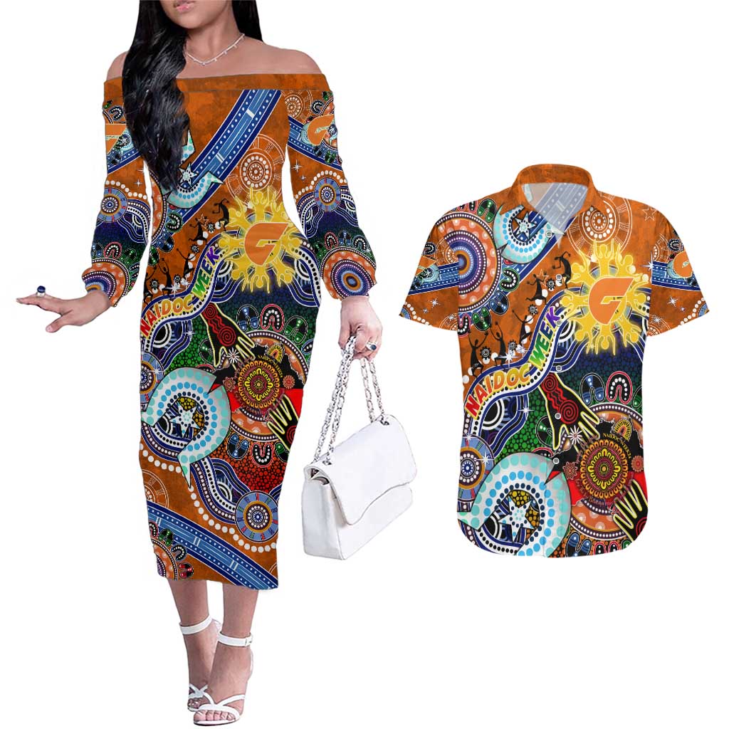 Custom NAIDOC Week 2024 GWS Giants Couples Matching Off The Shoulder Long Sleeve Dress and Hawaiian Shirt Australia Aboriginal Dot Painting