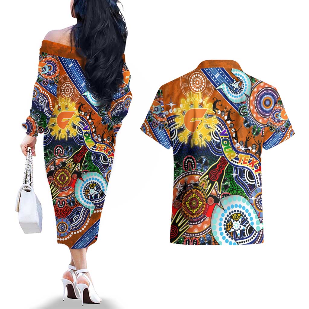 Custom NAIDOC Week 2024 GWS Giants Couples Matching Off The Shoulder Long Sleeve Dress and Hawaiian Shirt Australia Aboriginal Dot Painting