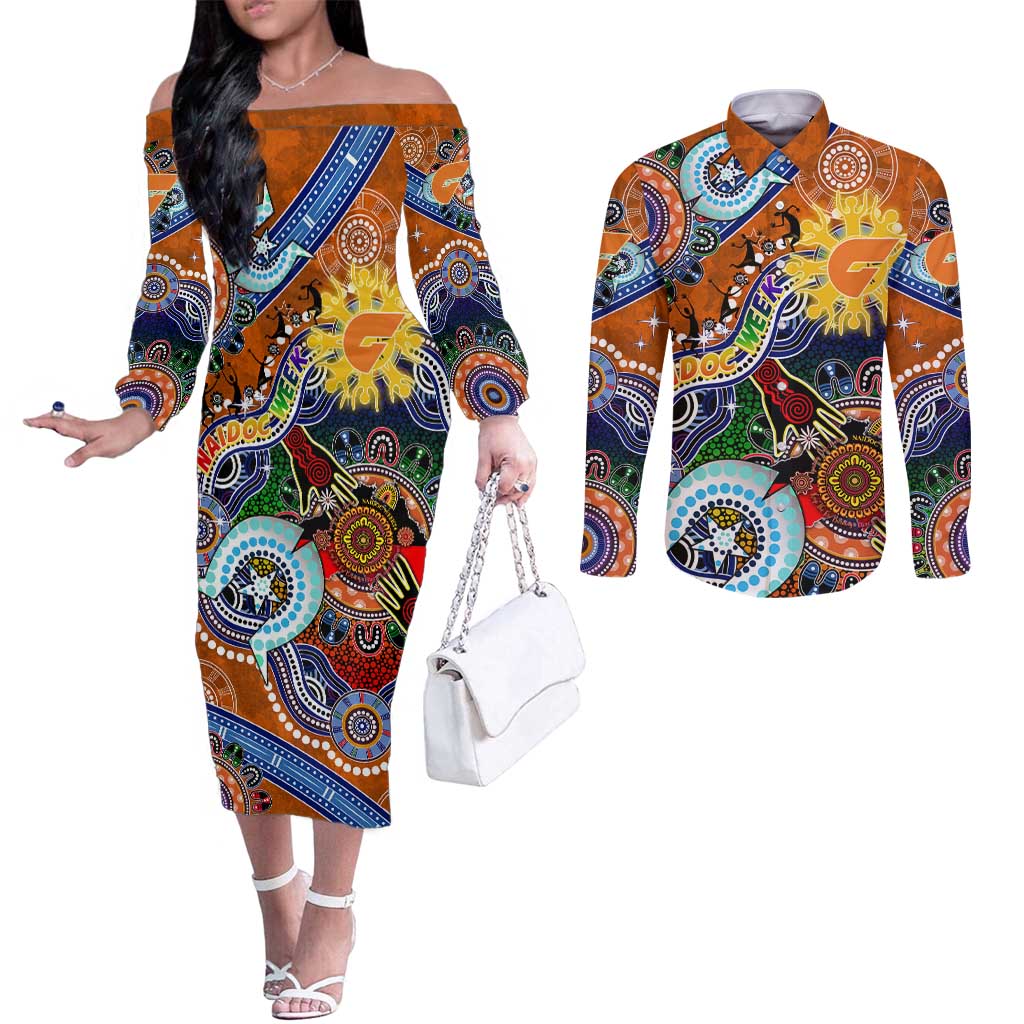 Custom NAIDOC Week 2024 GWS Giants Couples Matching Off The Shoulder Long Sleeve Dress and Long Sleeve Button Shirt Australia Aboriginal Dot Painting