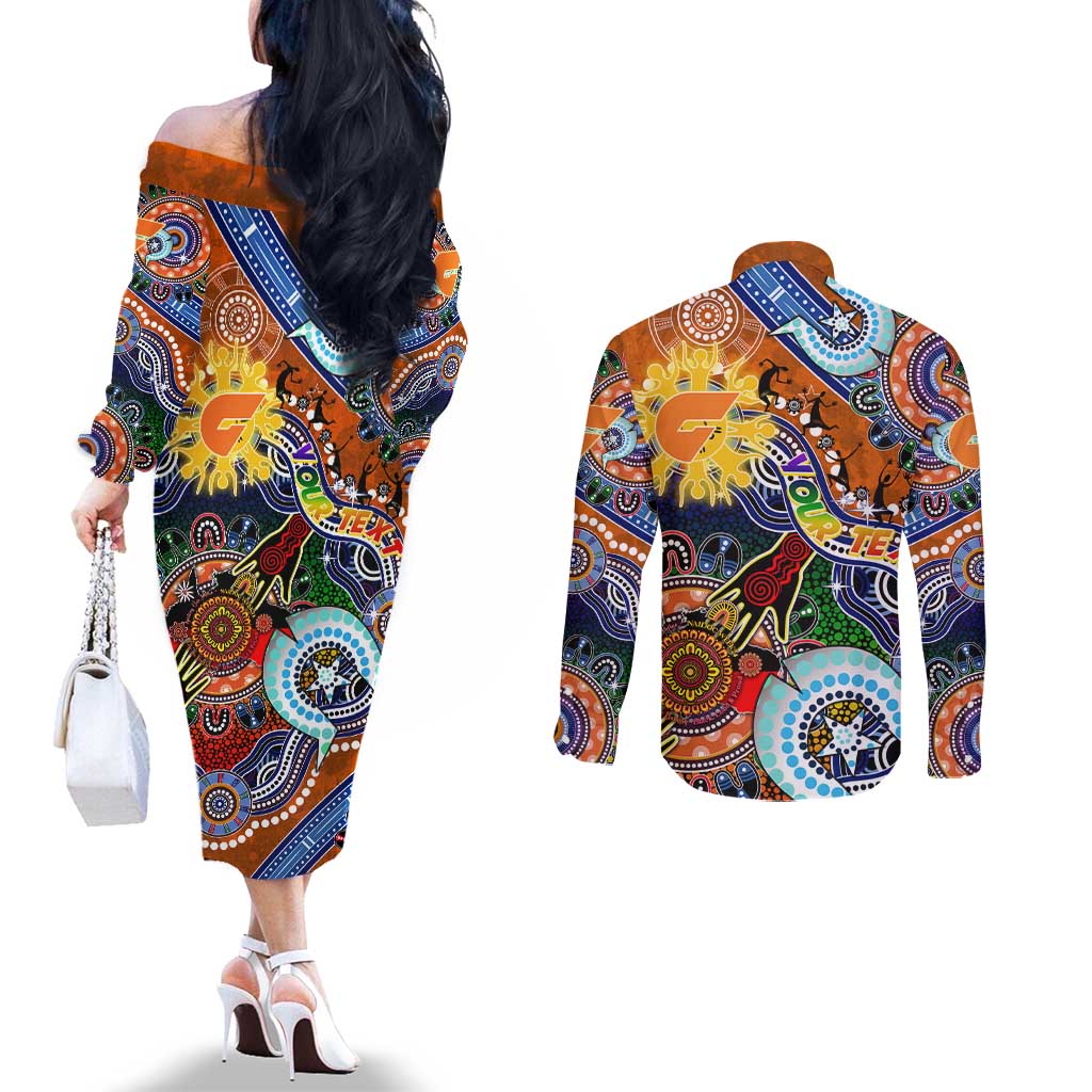 Custom NAIDOC Week 2024 GWS Giants Couples Matching Off The Shoulder Long Sleeve Dress and Long Sleeve Button Shirt Australia Aboriginal Dot Painting