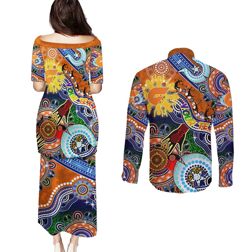 Custom NAIDOC Week 2024 GWS Giants Couples Matching Puletasi and Long Sleeve Button Shirt Australia Aboriginal Dot Painting
