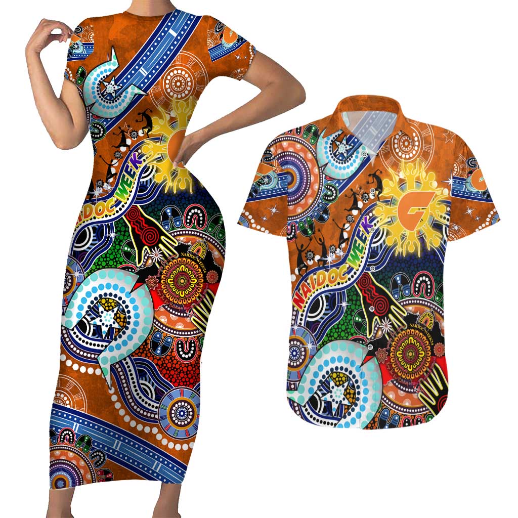 Custom NAIDOC Week 2024 GWS Giants Couples Matching Short Sleeve Bodycon Dress and Hawaiian Shirt Australia Aboriginal Dot Painting