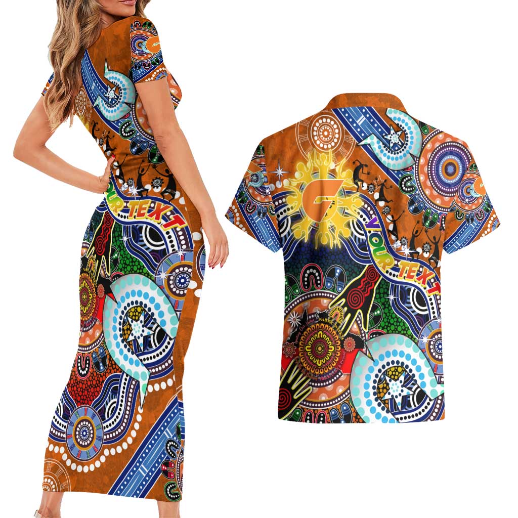 Custom NAIDOC Week 2024 GWS Giants Couples Matching Short Sleeve Bodycon Dress and Hawaiian Shirt Australia Aboriginal Dot Painting