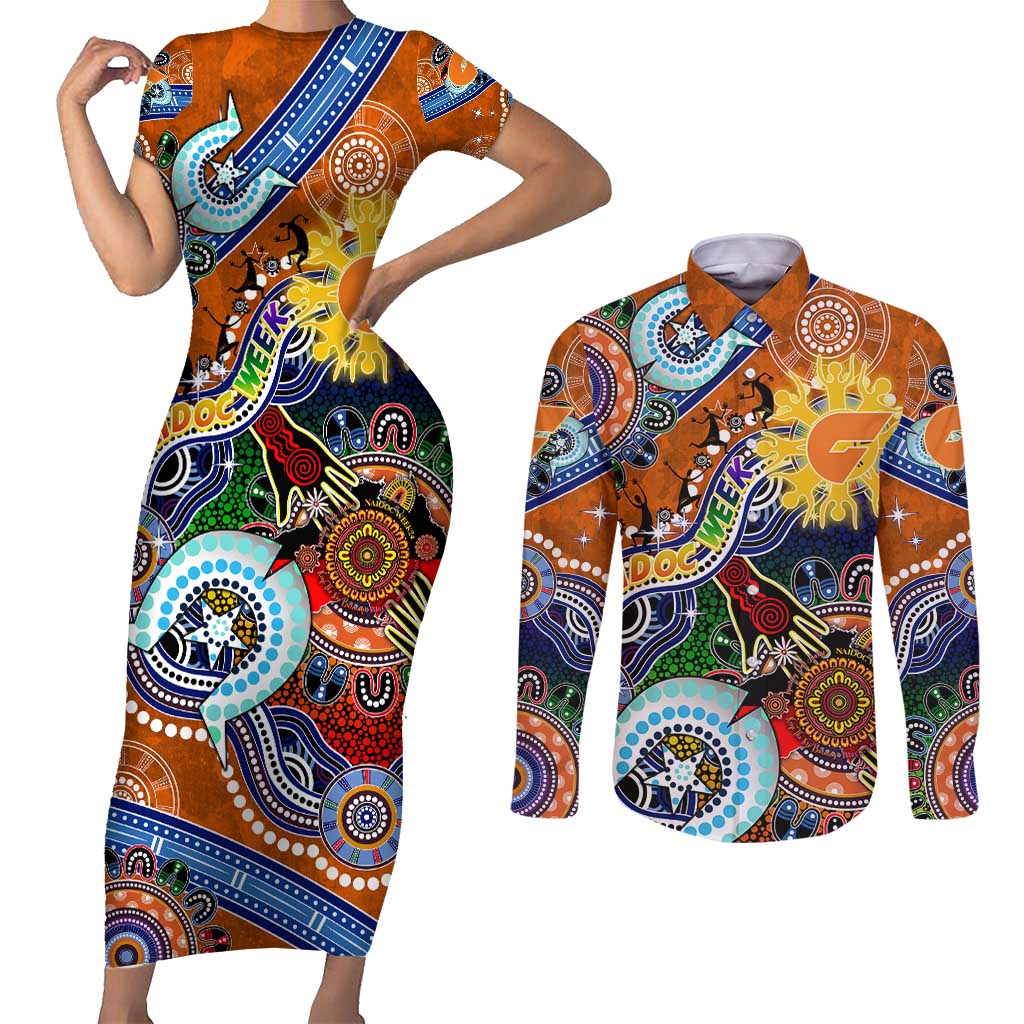 Custom NAIDOC Week 2024 GWS Giants Couples Matching Short Sleeve Bodycon Dress and Long Sleeve Button Shirt Australia Aboriginal Dot Painting