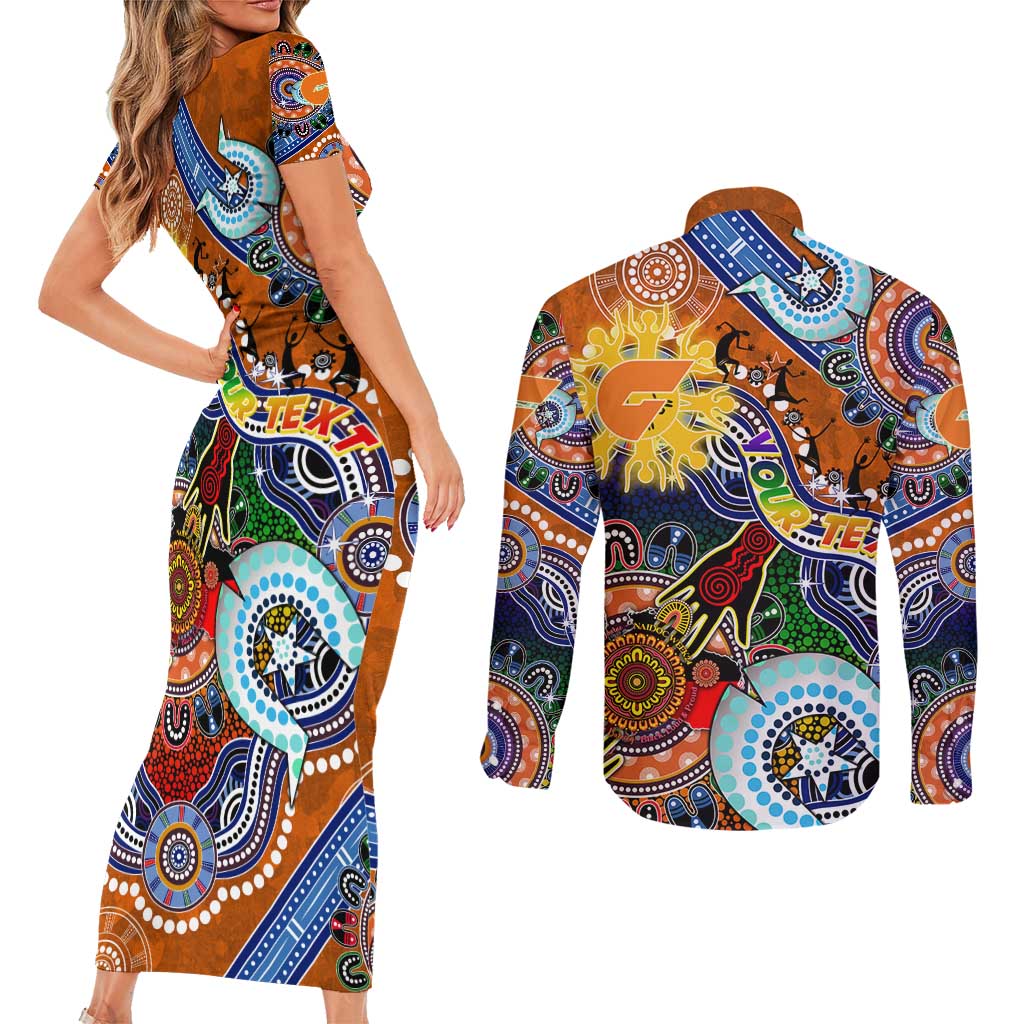 Custom NAIDOC Week 2024 GWS Giants Couples Matching Short Sleeve Bodycon Dress and Long Sleeve Button Shirt Australia Aboriginal Dot Painting