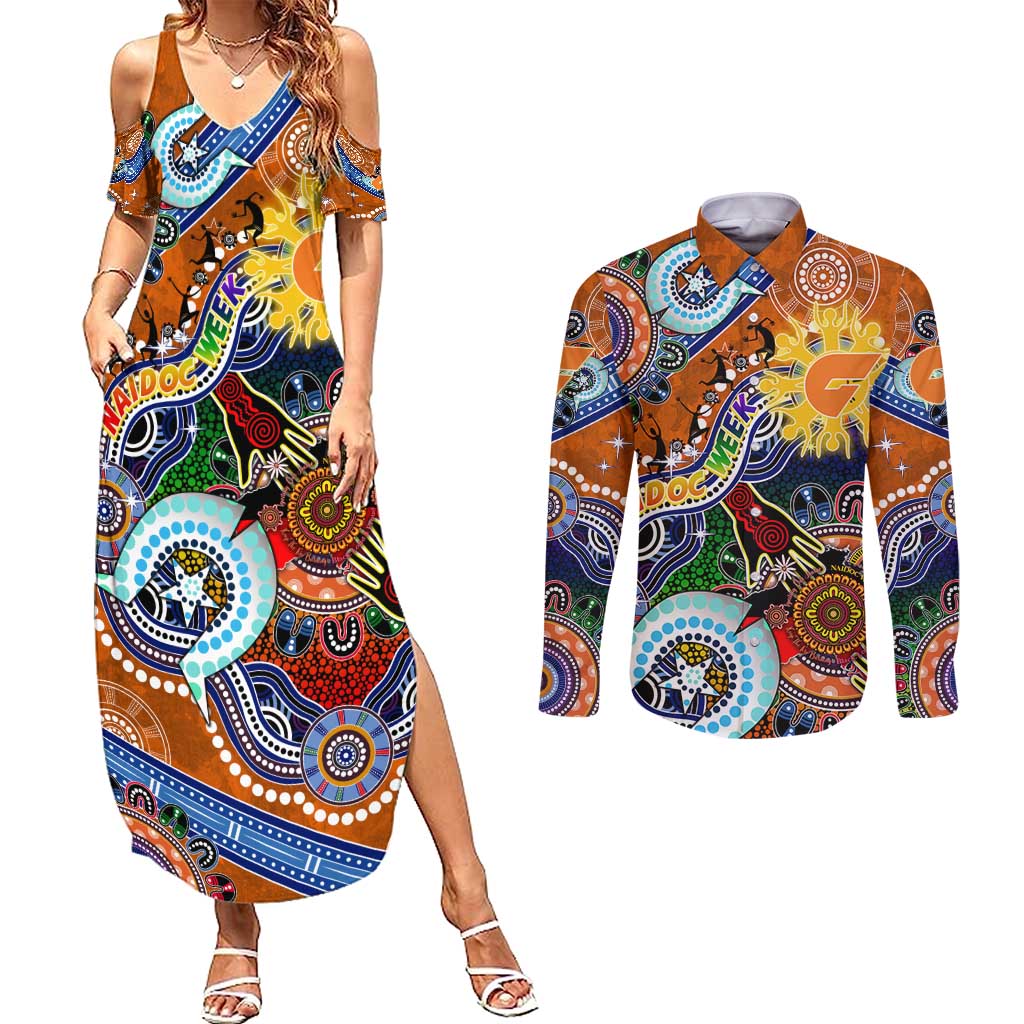 Custom NAIDOC Week 2024 GWS Giants Couples Matching Summer Maxi Dress and Long Sleeve Button Shirt Australia Aboriginal Dot Painting