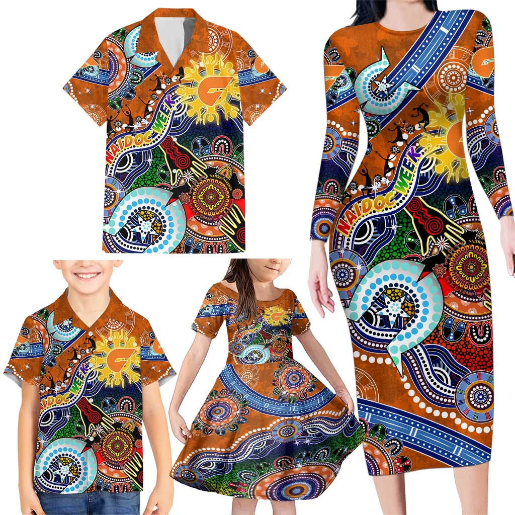 Custom NAIDOC Week 2024 GWS Giants Family Matching Long Sleeve Bodycon Dress and Hawaiian Shirt Australia Aboriginal Dot Painting