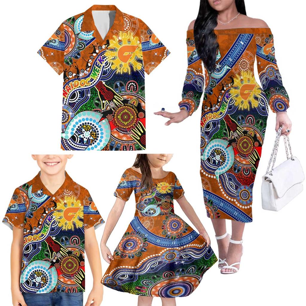 Custom NAIDOC Week 2024 GWS Giants Family Matching Off The Shoulder Long Sleeve Dress and Hawaiian Shirt Australia Aboriginal Dot Painting