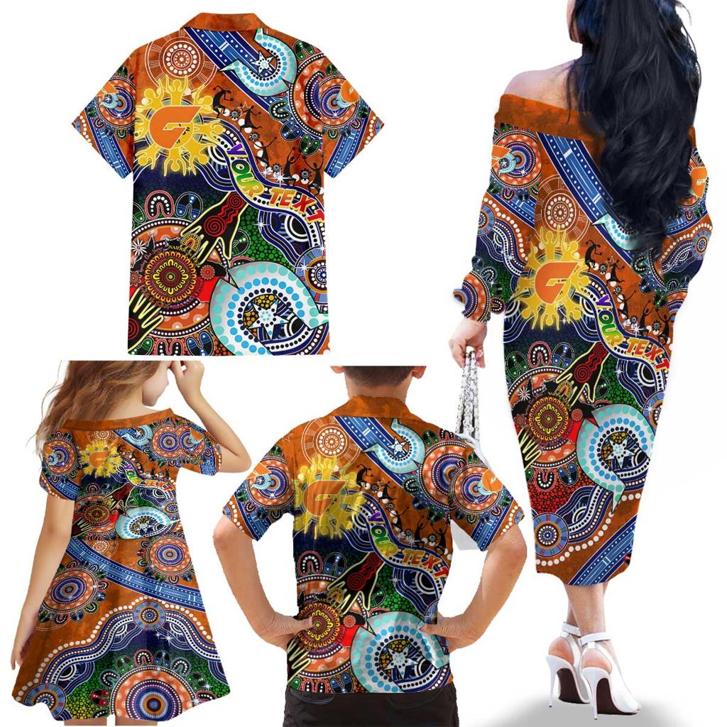 Custom NAIDOC Week 2024 GWS Giants Family Matching Off The Shoulder Long Sleeve Dress and Hawaiian Shirt Australia Aboriginal Dot Painting