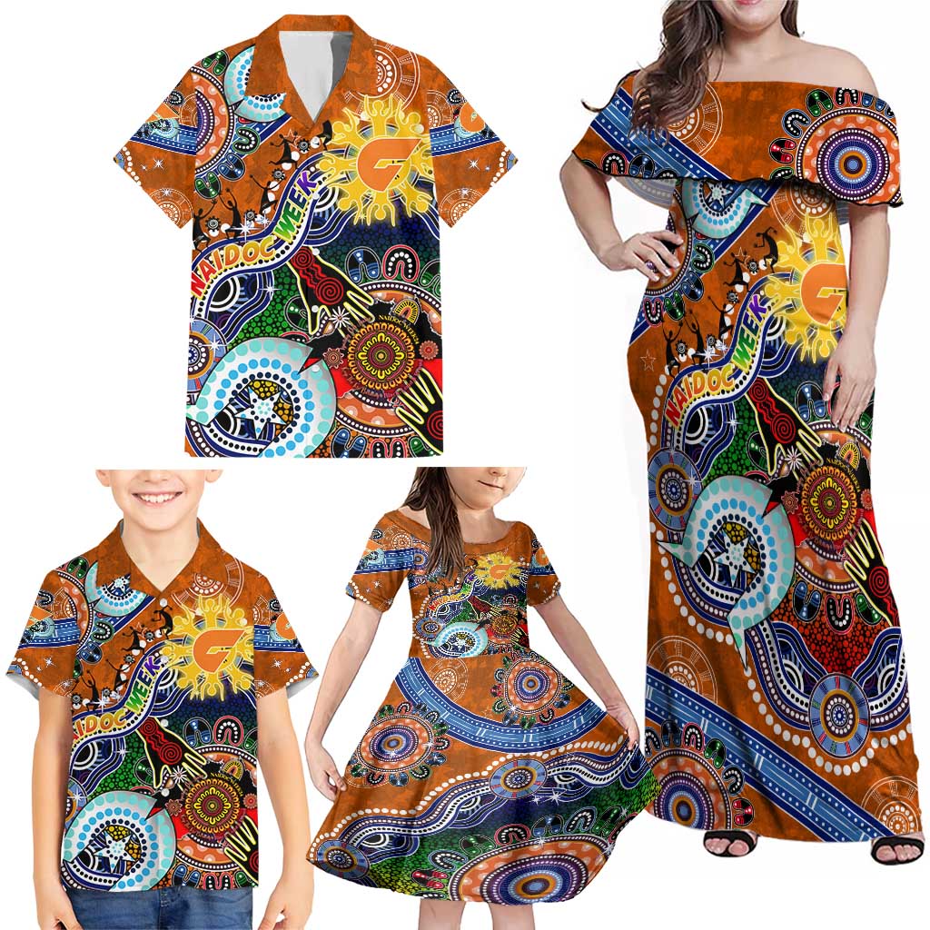 Custom NAIDOC Week 2024 GWS Giants Family Matching Off Shoulder Maxi Dress and Hawaiian Shirt Australia Aboriginal Dot Painting