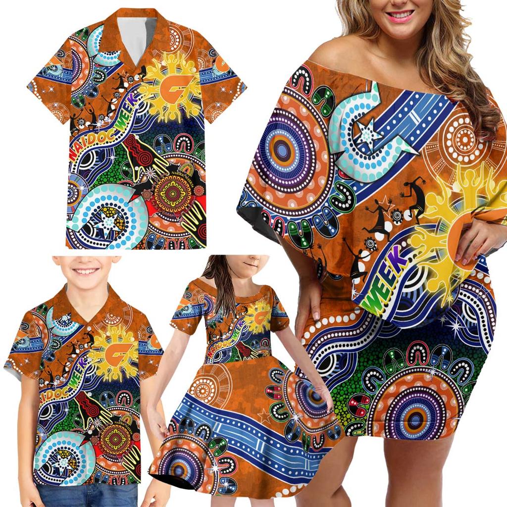 Custom NAIDOC Week 2024 GWS Giants Family Matching Off Shoulder Short Dress and Hawaiian Shirt Australia Aboriginal Dot Painting