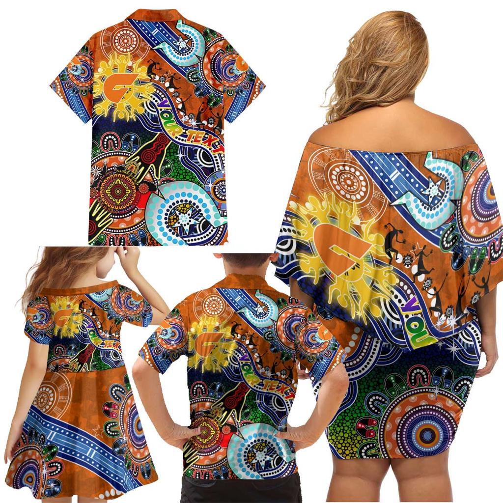Custom NAIDOC Week 2024 GWS Giants Family Matching Off Shoulder Short Dress and Hawaiian Shirt Australia Aboriginal Dot Painting