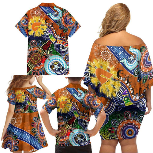Custom NAIDOC Week 2024 GWS Giants Family Matching Off Shoulder Short Dress and Hawaiian Shirt Australia Aboriginal Dot Painting