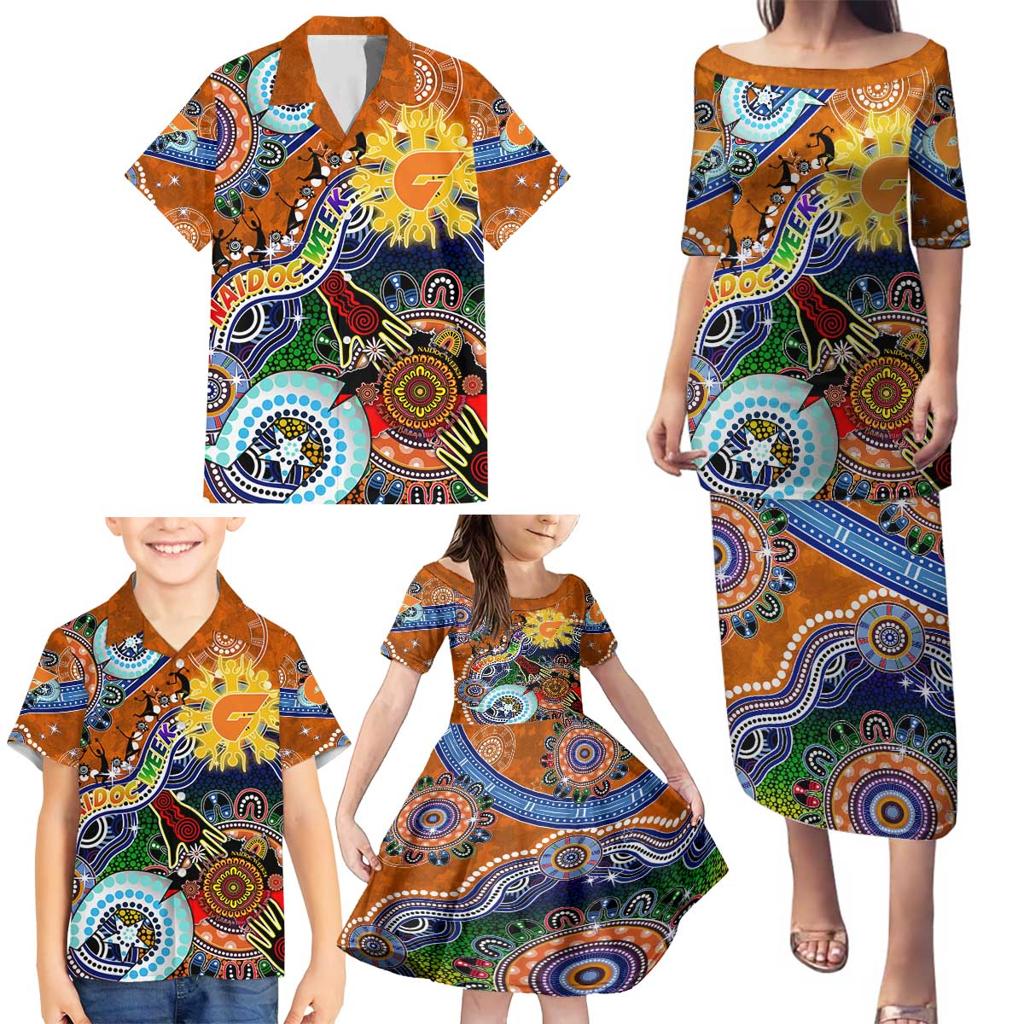 Custom NAIDOC Week 2024 GWS Giants Family Matching Puletasi and Hawaiian Shirt Australia Aboriginal Dot Painting