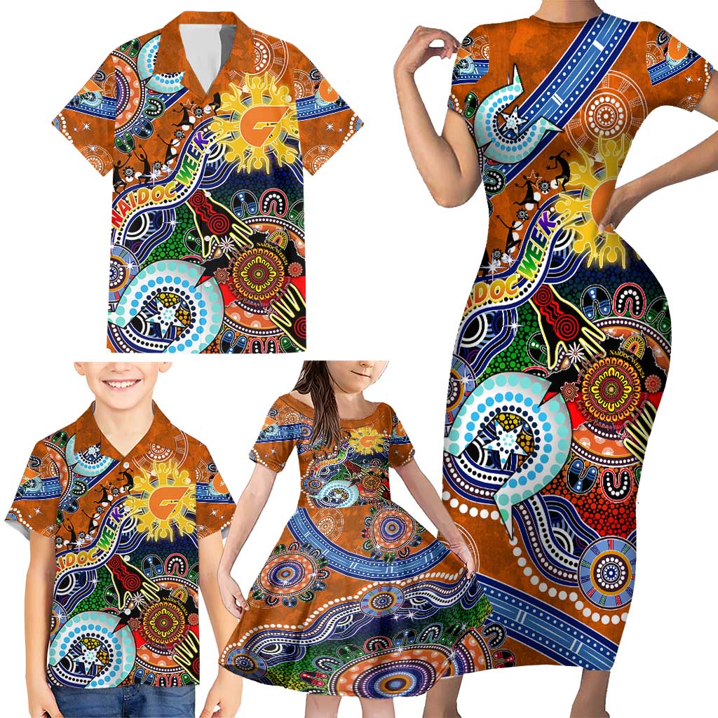 Custom NAIDOC Week 2024 GWS Giants Family Matching Short Sleeve Bodycon Dress and Hawaiian Shirt Australia Aboriginal Dot Painting