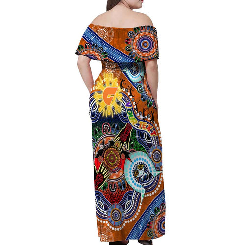 Custom NAIDOC Week 2024 GWS Giants Off Shoulder Maxi Dress Australia Aboriginal Dot Painting