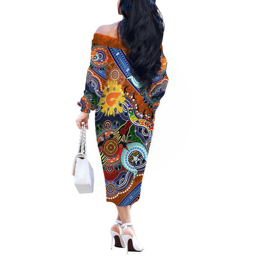Custom NAIDOC Week 2024 GWS Giants Off The Shoulder Long Sleeve Dress Australia Aboriginal Dot Painting
