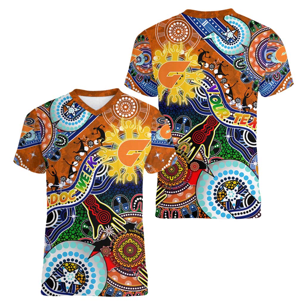 Custom NAIDOC Week 2024 GWS Giants Women V-Neck T-Shirt Australia Aboriginal Dot Painting