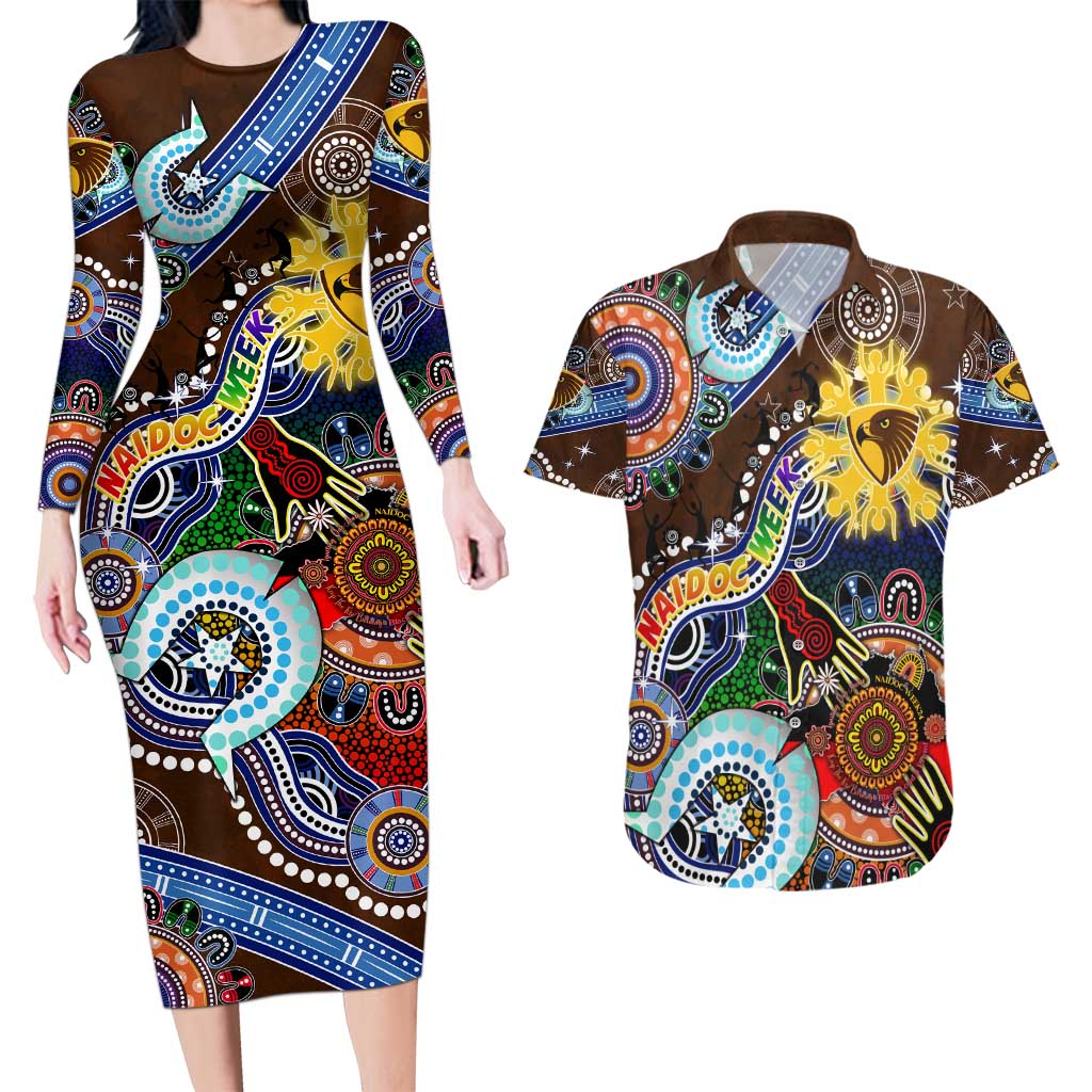 Custom NAIDOC Week 2024 Hawthorn Hawks Couples Matching Long Sleeve Bodycon Dress and Hawaiian Shirt Australia Aboriginal Dot Painting
