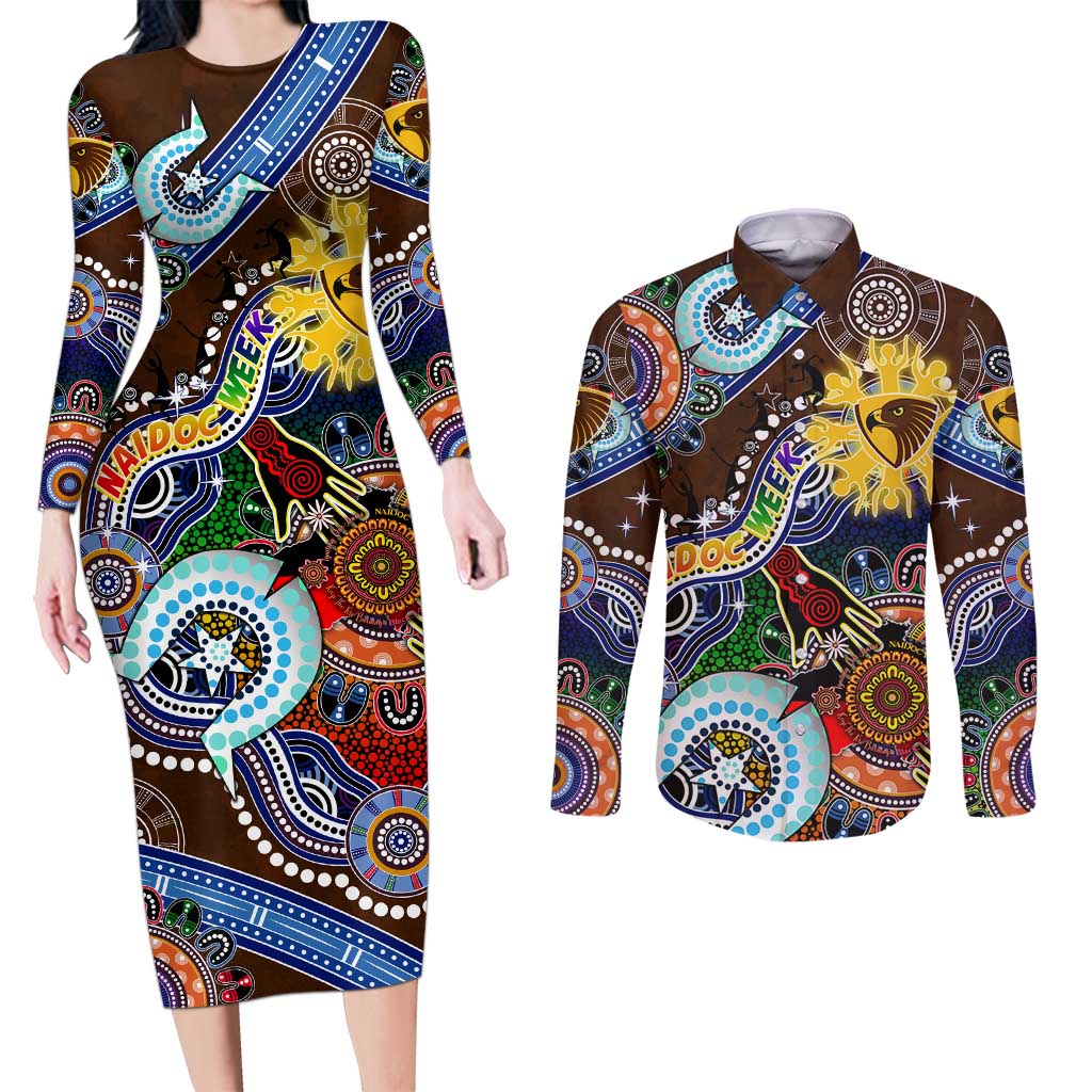 Custom NAIDOC Week 2024 Hawthorn Hawks Couples Matching Long Sleeve Bodycon Dress and Long Sleeve Button Shirt Australia Aboriginal Dot Painting