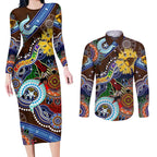 Custom NAIDOC Week 2024 Hawthorn Hawks Couples Matching Long Sleeve Bodycon Dress and Long Sleeve Button Shirt Australia Aboriginal Dot Painting