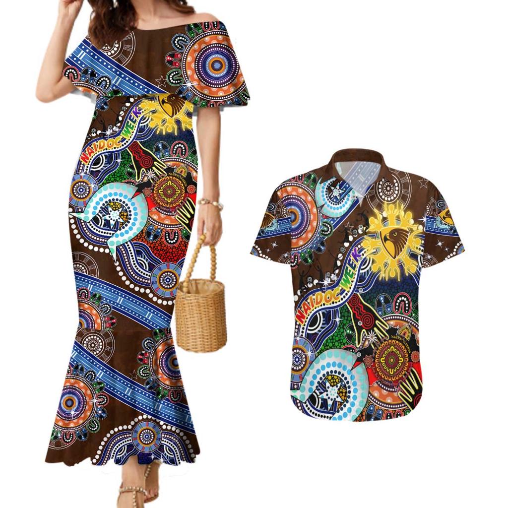 Custom NAIDOC Week 2024 Hawthorn Hawks Couples Matching Mermaid Dress and Hawaiian Shirt Australia Aboriginal Dot Painting