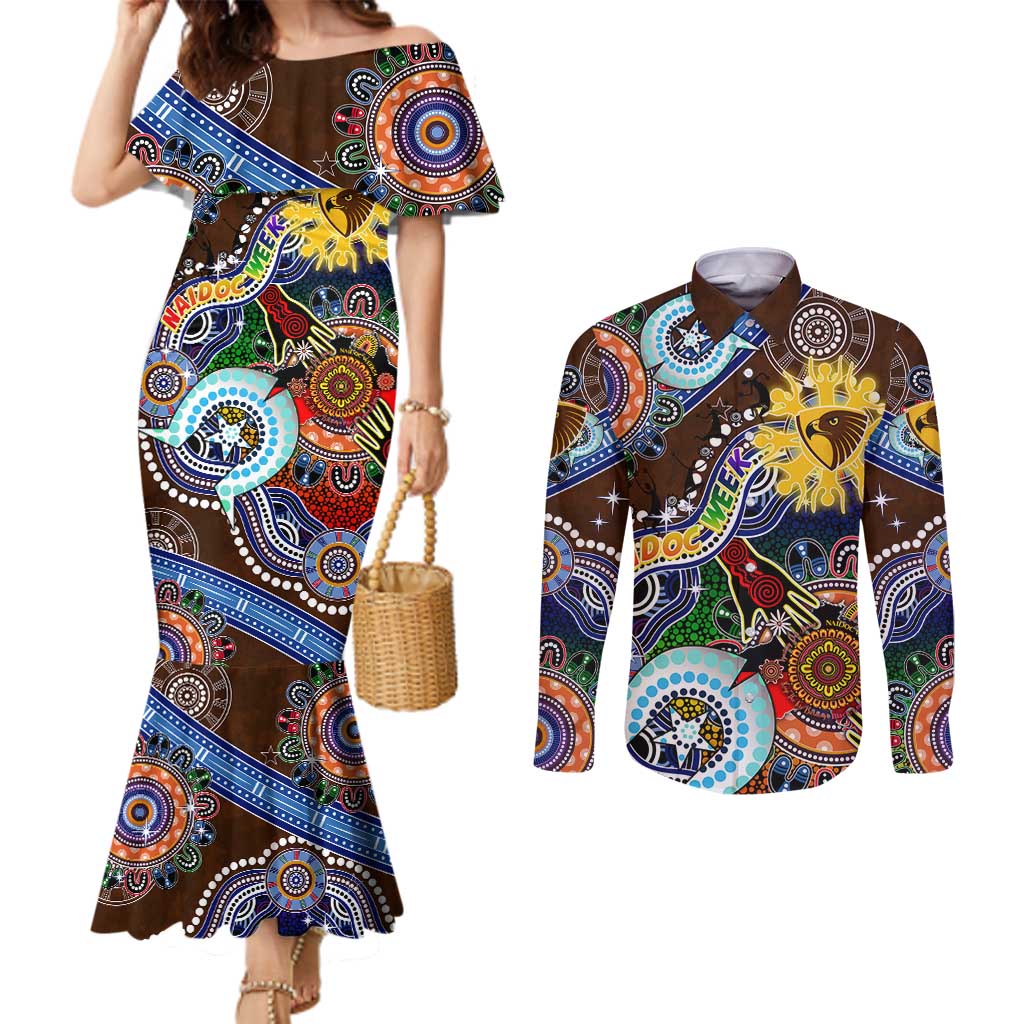 Custom NAIDOC Week 2024 Hawthorn Hawks Couples Matching Mermaid Dress and Long Sleeve Button Shirt Australia Aboriginal Dot Painting